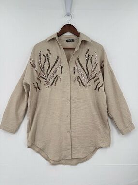 SAGA Sequin Embellished Button Front Shirt Blouse Beige Taupe Wool Blend S-M
